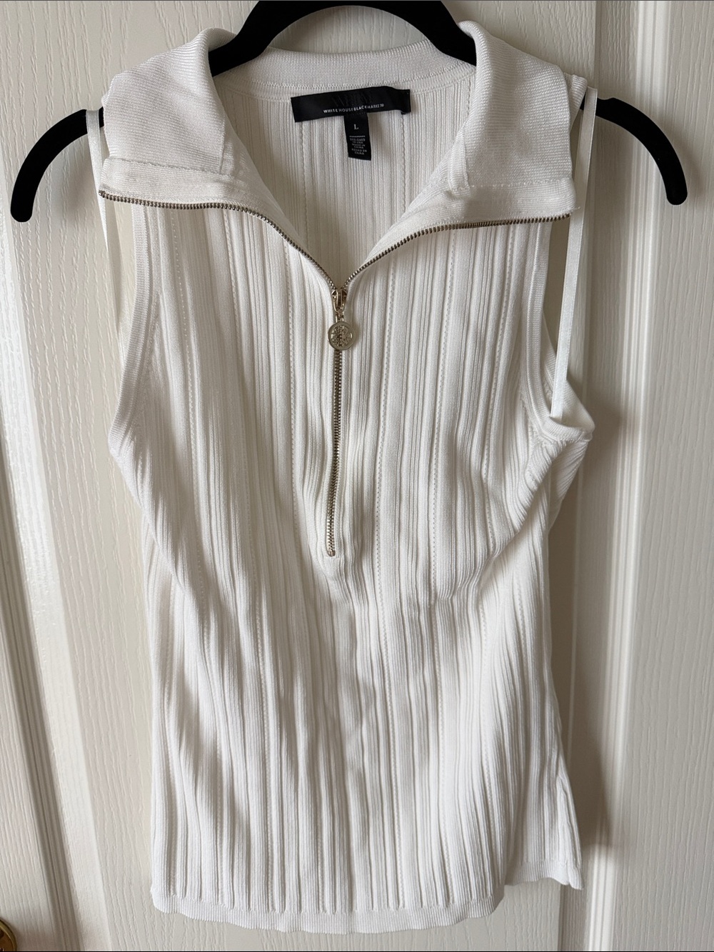 White House Black Market White Ribbed Sleeveless Zip Polo Top